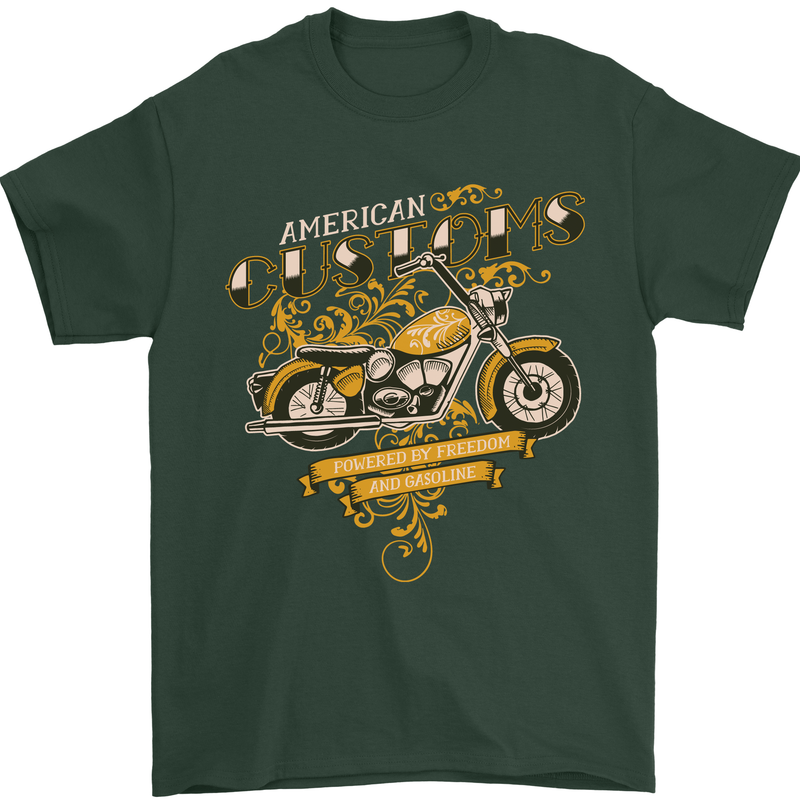 Biker American Customs Motorcycle Chopper Mens T-Shirt Cotton Gildan Forest Green