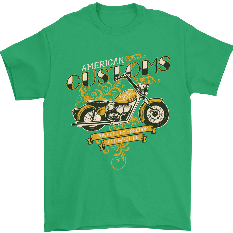 Biker American Customs Motorcycle Chopper Mens T-Shirt Cotton Gildan Irish Green