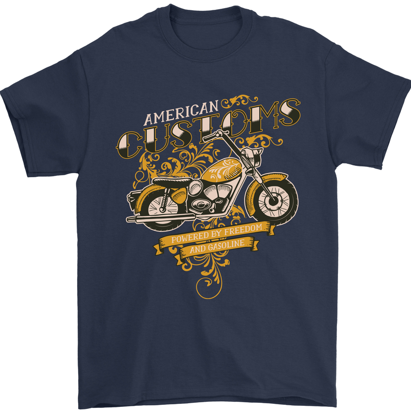 Biker American Customs Motorcycle Chopper Mens T-Shirt Cotton Gildan Navy Blue