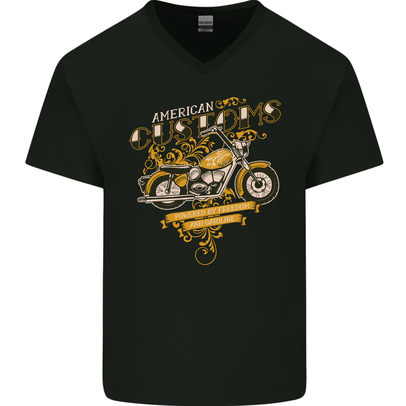 Biker American Customs Motorcycle Chopper Mens V-Neck Cotton T-Shirt Black