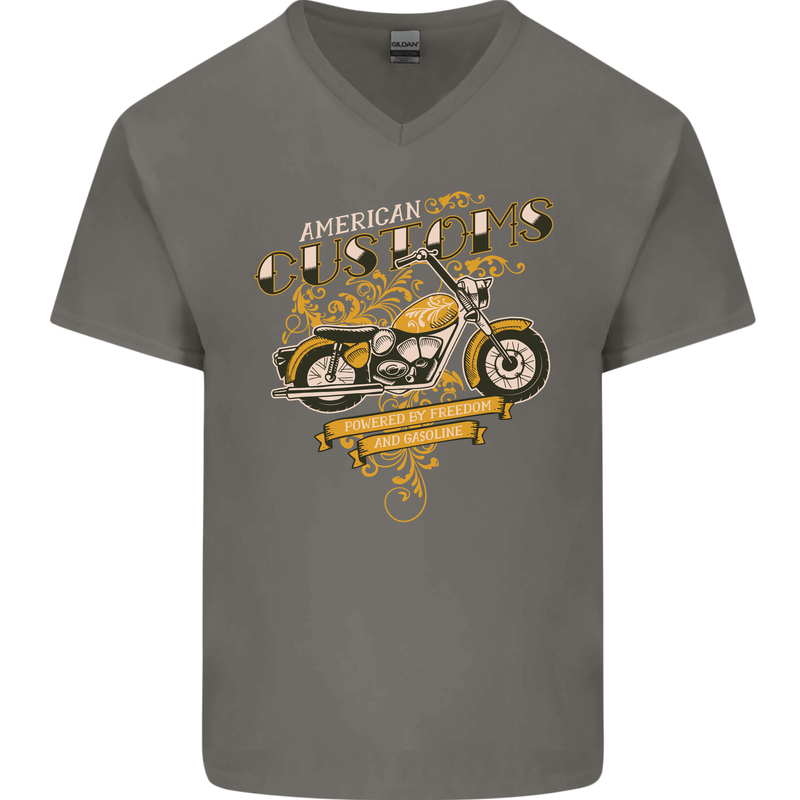 Biker American Customs Motorcycle Chopper Mens V-Neck Cotton T-Shirt Charcoal