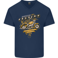 Biker American Customs Motorcycle Chopper Mens V-Neck Cotton T-Shirt Navy Blue