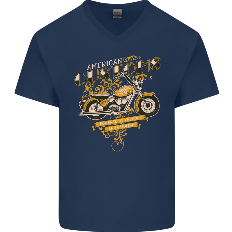 Biker American Customs Motorcycle Chopper Mens V-Neck Cotton T-Shirt Navy Blue
