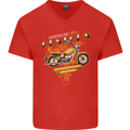 Biker American Customs Motorcycle Chopper Mens V-Neck Cotton T-Shirt Red