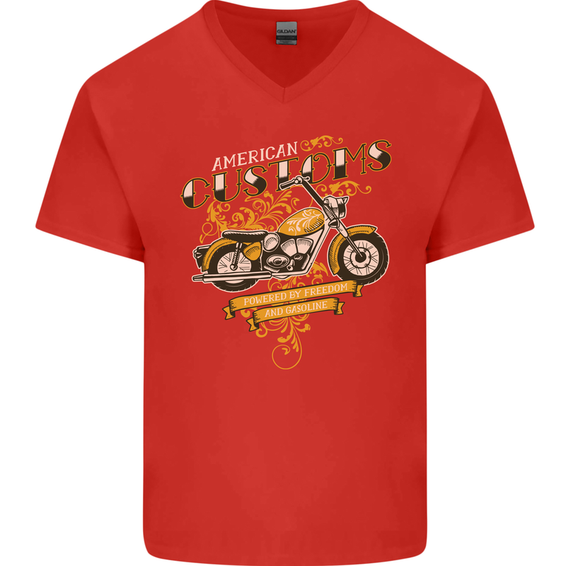 Biker American Customs Motorcycle Chopper Mens V-Neck Cotton T-Shirt Red