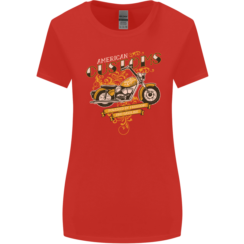 Biker American Customs Motorcycle Chopper Womens Wider Cut T-Shirt Red