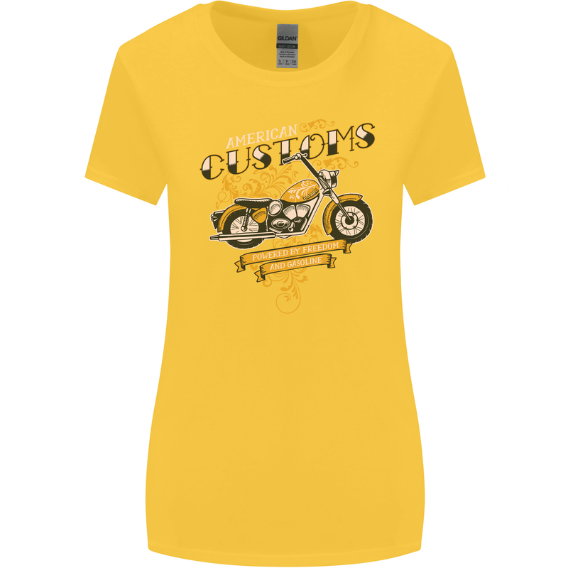Biker American Customs Motorcycle Chopper Womens Wider Cut T-Shirt Yellow