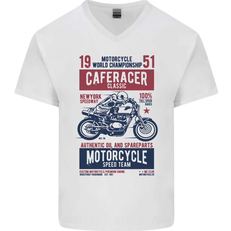 Biker Cafe Racer 1951 Motorbike Motorcycle Mens V-Neck Cotton T-Shirt White
