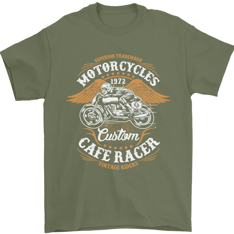 Biker Custom Cafe Racer Motorcycle Mens T-Shirt Cotton Gildan Military Green