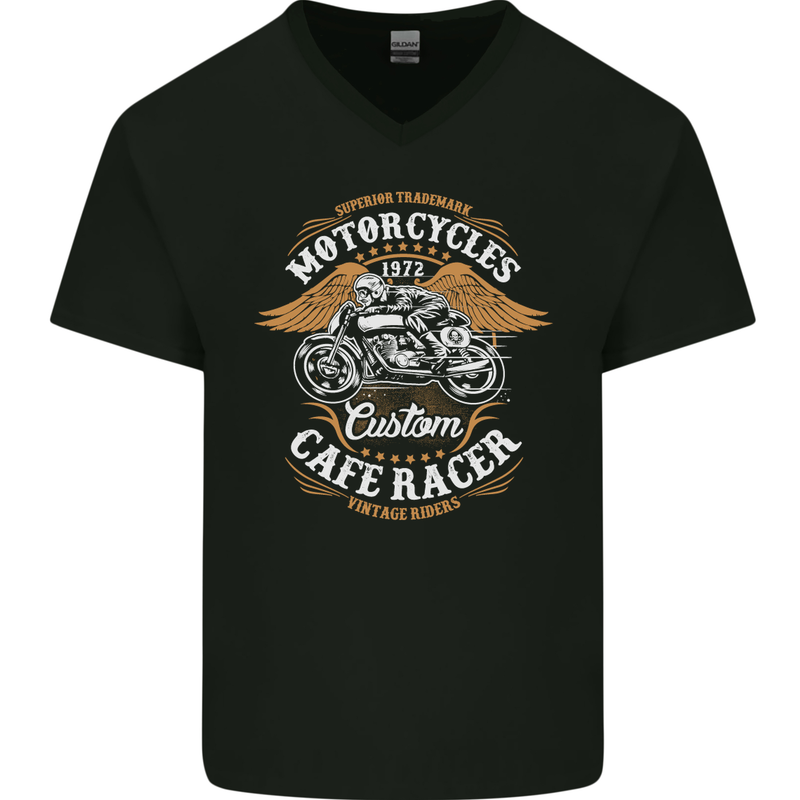 Biker Custom Cafe Racer Motorcycle Mens V-Neck Cotton T-Shirt Black