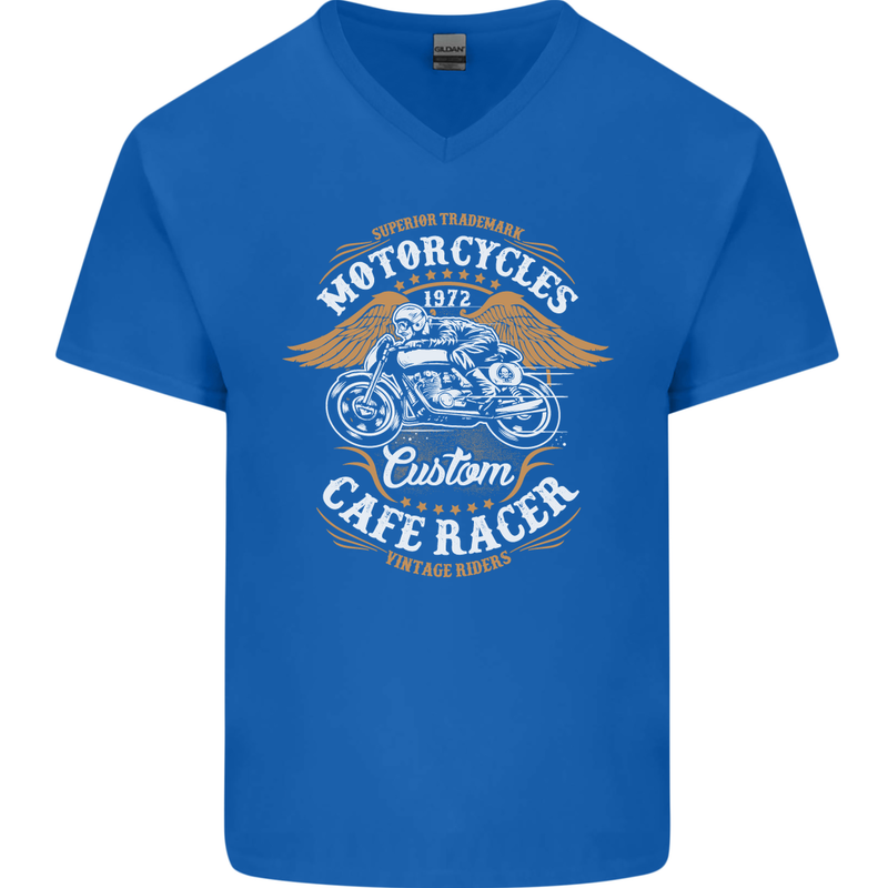 Biker Custom Cafe Racer Motorcycle Mens V-Neck Cotton T-Shirt Royal Blue