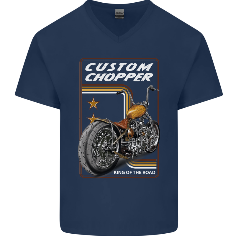Biker Custom Chopper Motorbike Motorcycle Mens V-Neck Cotton T-Shirt Navy Blue