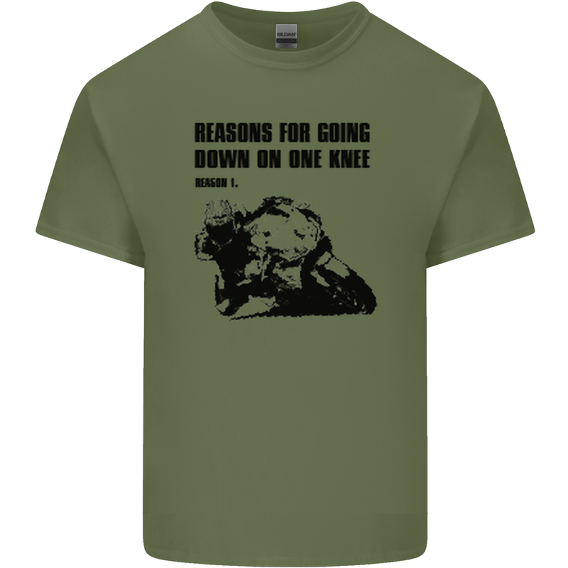 Biker Down on One Knee Motorcycle Motorbike Mens Cotton T-Shirt Tee Top Military Green