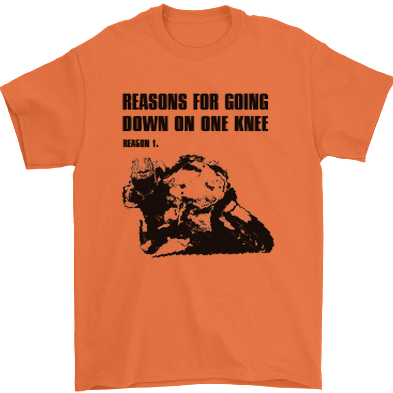 Biker Down on One Knee Motorcycle Motorbike Mens T-Shirt Cotton Gildan Orange
