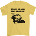 Biker Down on One Knee Motorcycle Motorbike Mens T-Shirt Cotton Gildan Yellow