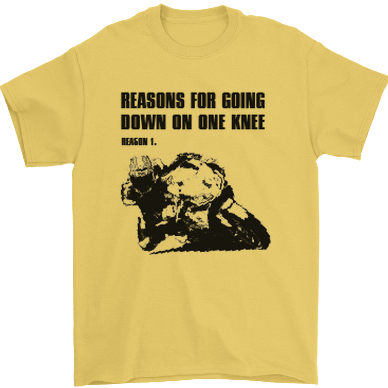 Biker Down on One Knee Motorcycle Motorbike Mens T-Shirt Cotton Gildan Yellow