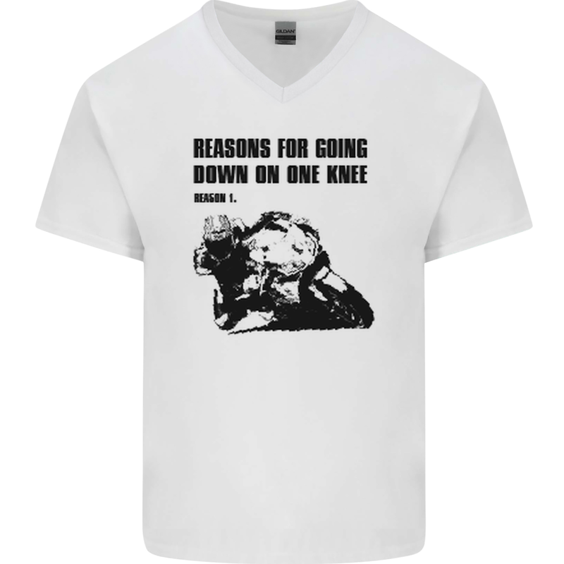 Biker Down on One Knee Motorcycle Motorbike Mens V-Neck Cotton T-Shirt White
