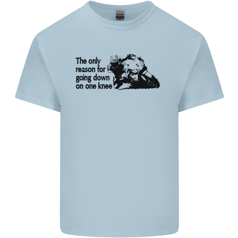 Biker Going Down on One Knee Motorcycle Mens Cotton T-Shirt Tee Top Light Blue