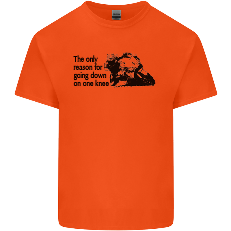 Biker Going Down on One Knee Motorcycle Mens Cotton T-Shirt Tee Top Orange