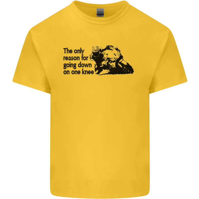 Biker Going Down on One Knee Motorcycle Mens Cotton T-Shirt Tee Top Yellow