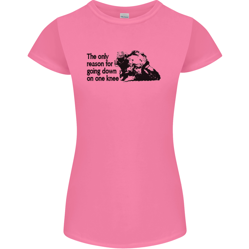 Biker Going Down on One Knee Motorcycle Womens Petite Cut T-Shirt Azalea