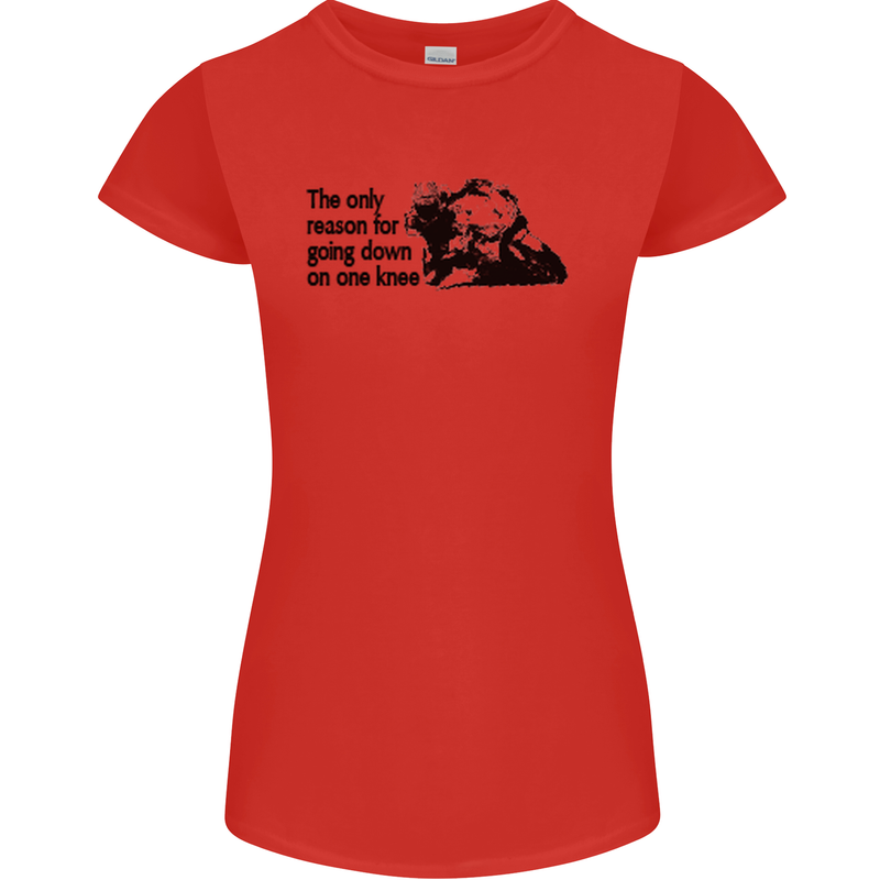 Biker Going Down on One Knee Motorcycle Womens Petite Cut T-Shirt Red