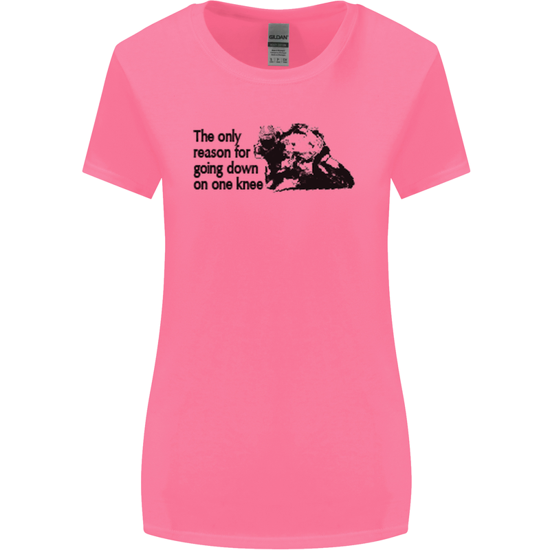 Biker Going Down on One Knee Motorcycle Womens Wider Cut T-Shirt Azalea