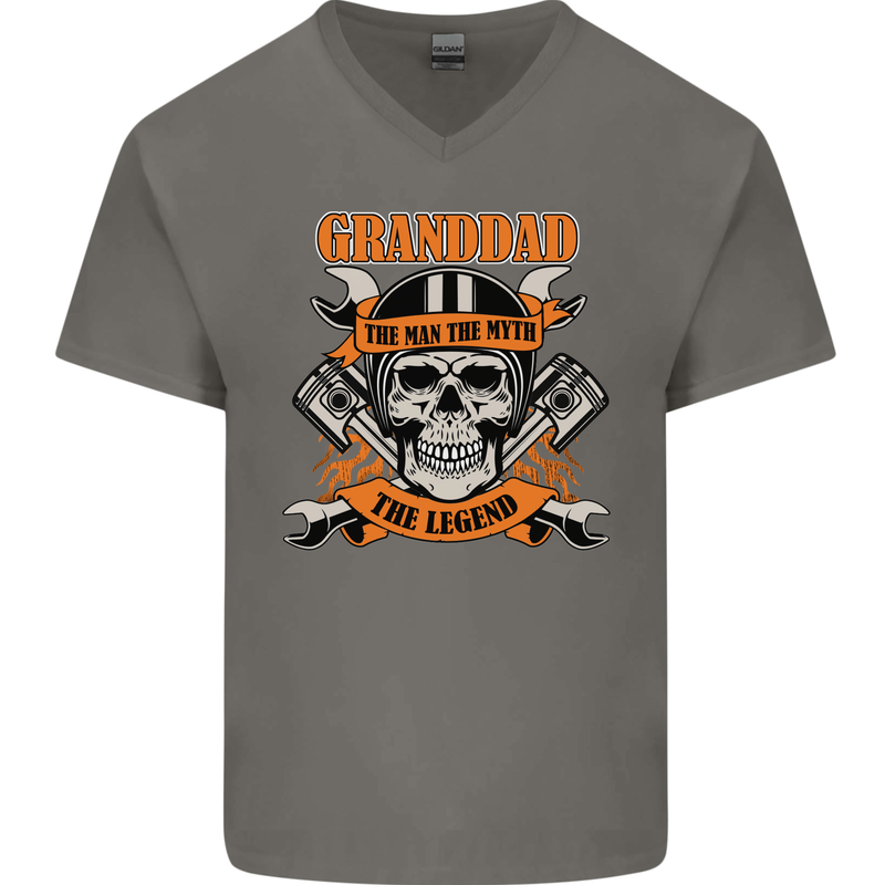 Biker Grandad the Man Myth Legend Funny Mens V-Neck Cotton T-Shirt Charcoal