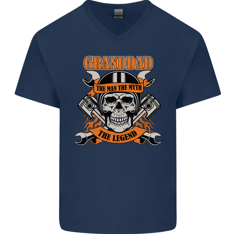 Biker Grandad the Man Myth Legend Funny Mens V-Neck Cotton T-Shirt Navy Blue