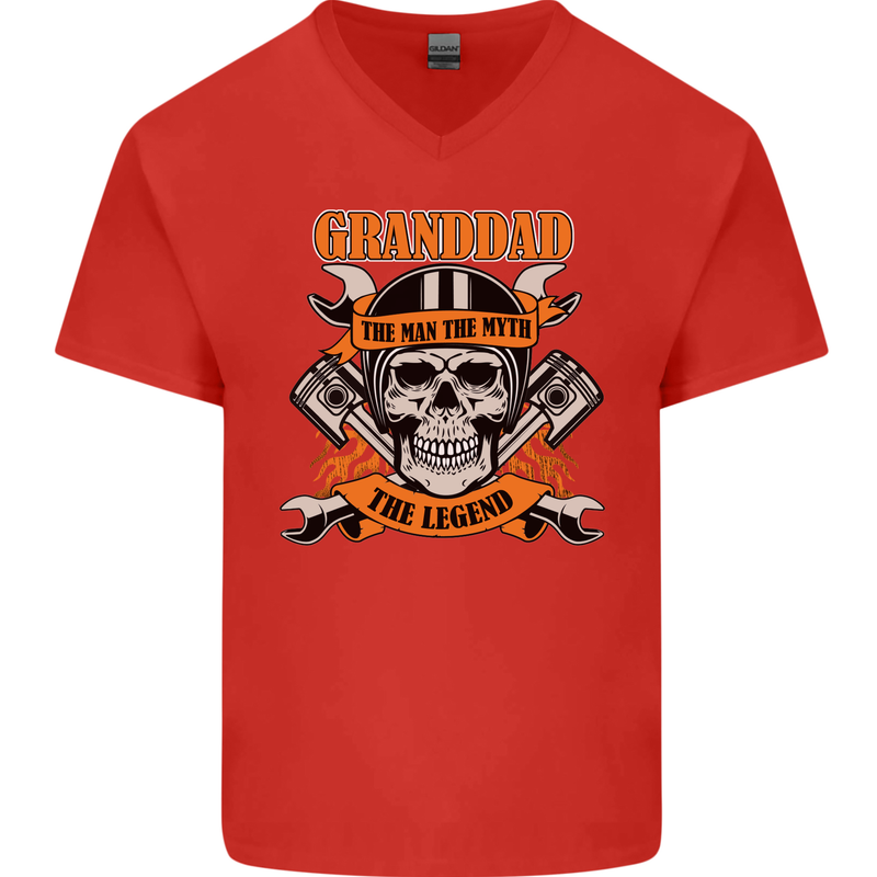 Biker Grandad the Man Myth Legend Funny Mens V-Neck Cotton T-Shirt Red