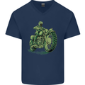 Biker Green Cafe Racer Motorbike Motorcycle Mens V-Neck Cotton T-Shirt Navy Blue