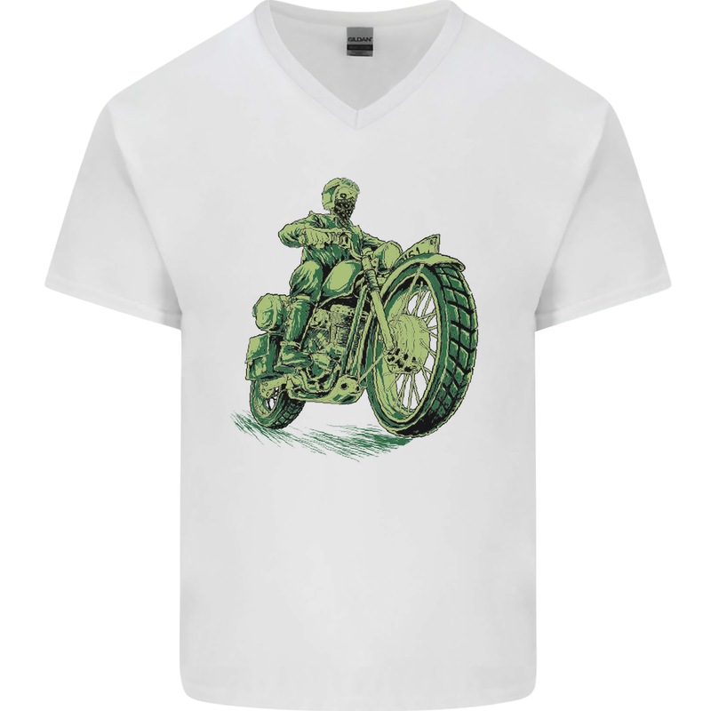 Biker Green Cafe Racer Motorbike Motorcycle Mens V-Neck Cotton T-Shirt White