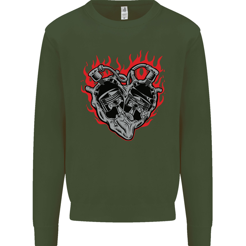 Biker Heart Motorbike Motorcycle Kids Sweatshirt Jumper Forest Green