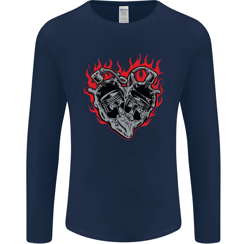 Biker Heart Motorbike Motorcycle Mens Long Sleeve T-Shirt Navy Blue