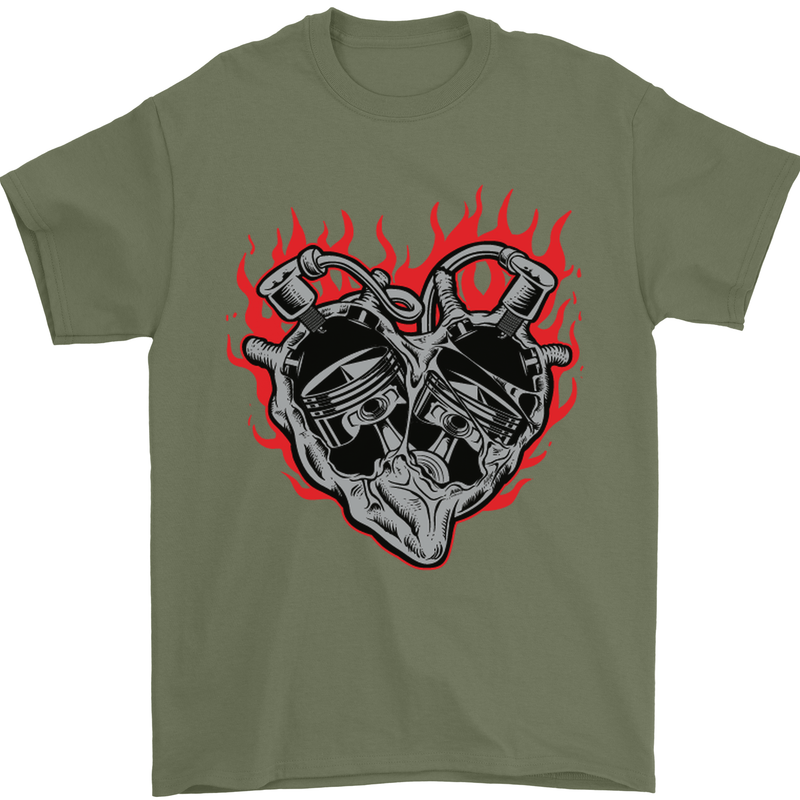 Biker Heart Motorbike Motorcycle Mens T-Shirt Cotton Gildan Military Green