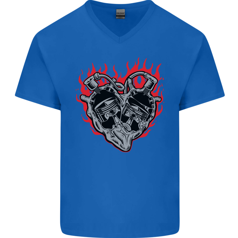 Biker Heart Motorbike Motorcycle Mens V-Neck Cotton T-Shirt Royal Blue