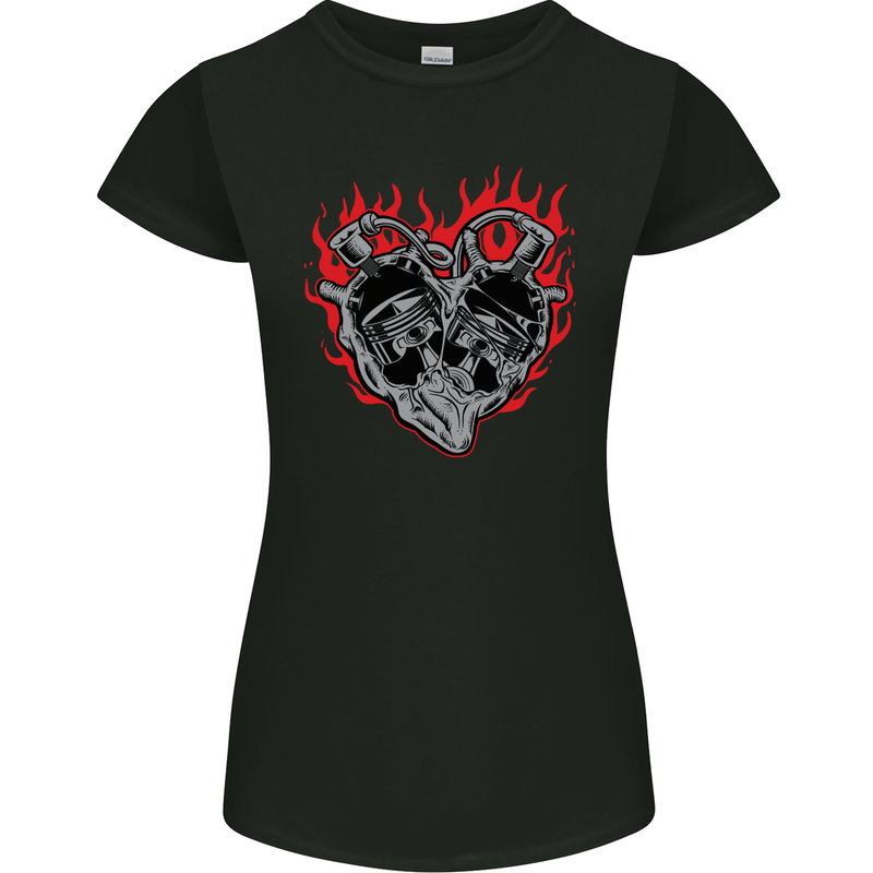 Biker Heart Motorbike Motorcycle Womens Petite Cut T-Shirt Black