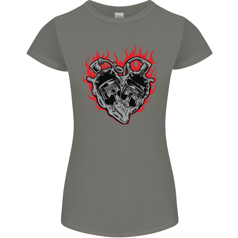 Biker Heart Motorbike Motorcycle Womens Petite Cut T-Shirt Charcoal