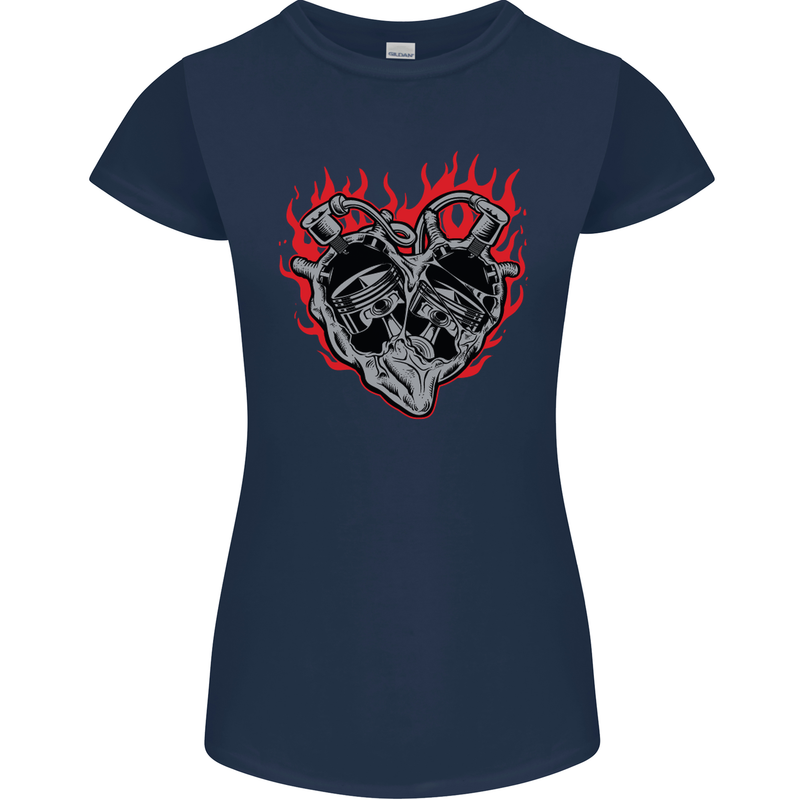 Biker Heart Motorbike Motorcycle Womens Petite Cut T-Shirt Navy Blue