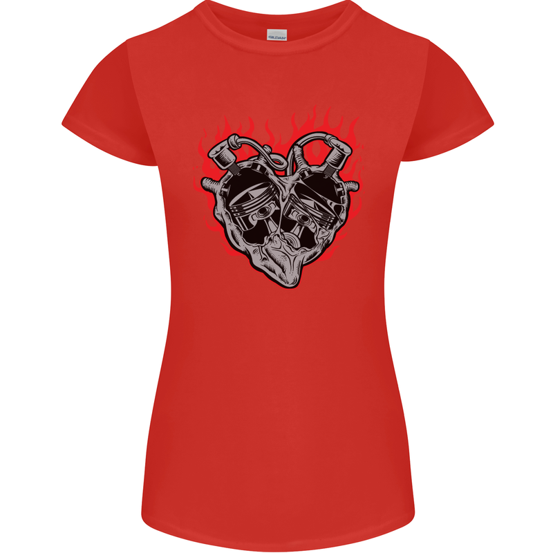 Biker Heart Motorbike Motorcycle Womens Petite Cut T-Shirt Red