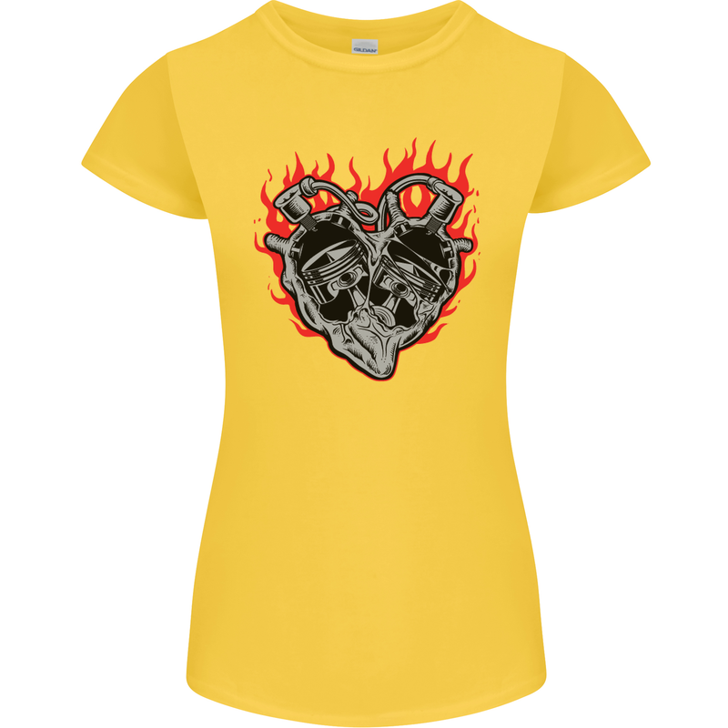 Biker Heart Motorbike Motorcycle Womens Petite Cut T-Shirt Yellow