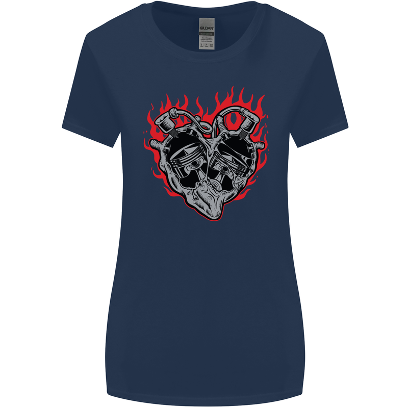 Biker Heart Motorbike Motorcycle Womens Wider Cut T-Shirt Navy Blue