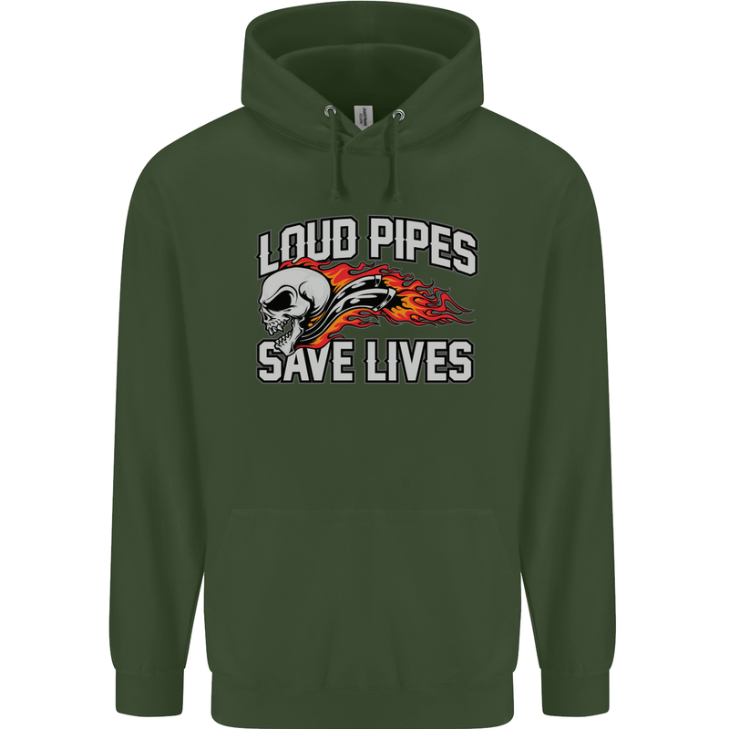 Biker Loud Pipes Saves Lives Motorcycle Mens 80% Cotton Hoodie Forest Green