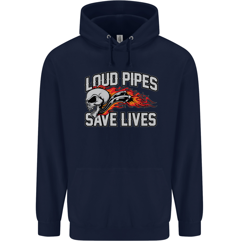 Biker Loud Pipes Saves Lives Motorcycle Mens 80% Cotton Hoodie Navy Blue
