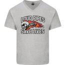 Biker Loud Pipes Saves Lives Motorcycle Mens V-Neck Cotton T-Shirt Sports Grey