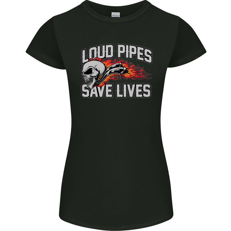 Biker Loud Pipes Saves Lives Motorcycle Womens Petite Cut T-Shirt Black