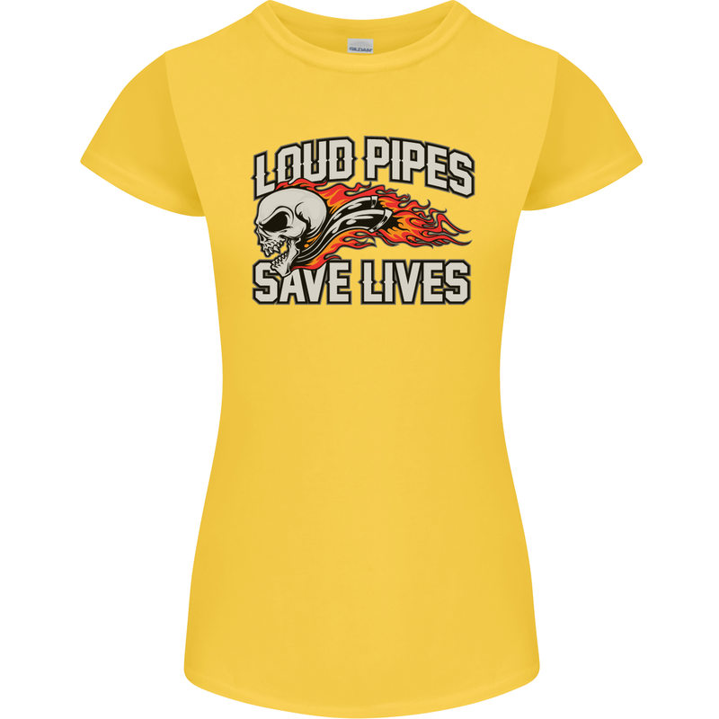 Biker Loud Pipes Saves Lives Motorcycle Womens Petite Cut T-Shirt Yellow