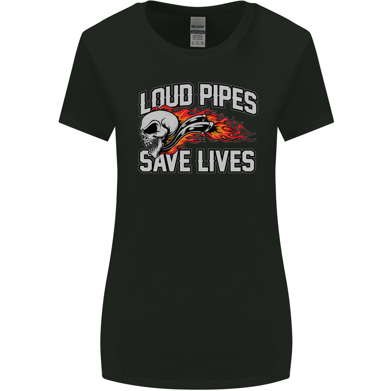 Biker Loud Pipes Saves Lives Motorcycle Womens Wider Cut T-Shirt Black