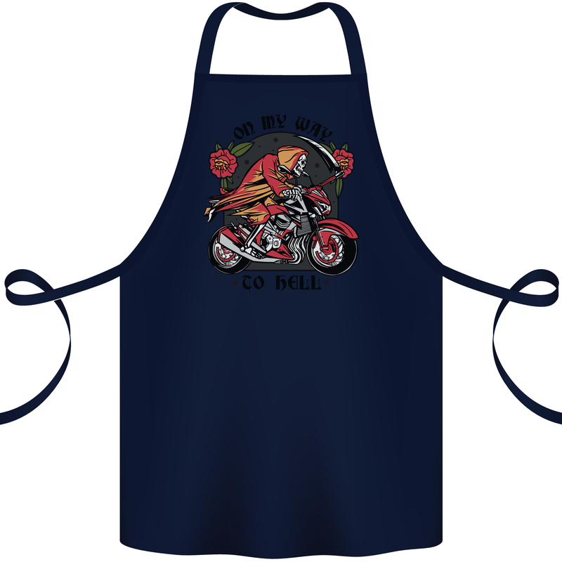Biker On My Way to Hell Motorbike Skull Cotton Apron 100% Organic Navy Blue