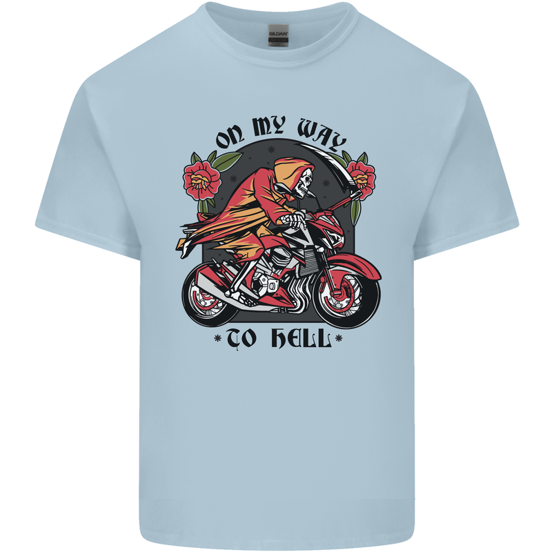 Biker On My Way to Hell Motorbike Skull Mens Cotton T-Shirt Tee Top Light Blue